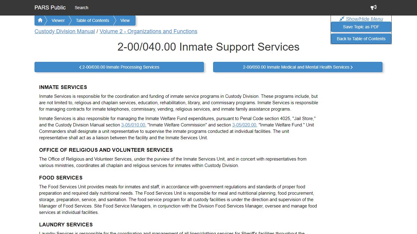 2-00/040.00 Inmate Support Services - PARS Public Viewer